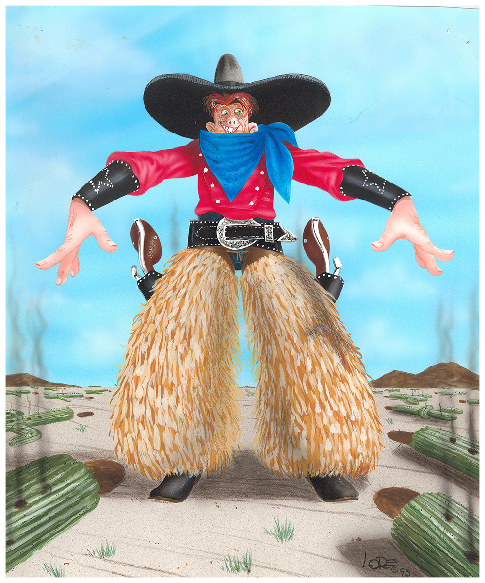 Original WHOA artwork of a grinning cowboy in a black hat and shaggy chaps, standing in a desert, ready to draw